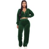 Velvet Hooded Zipper Coat Straight Pants 2 Piece Sets MOF-6661