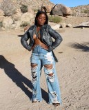 Plus Size Denim Ripped Hole Loose Jeans OLYF-6081
