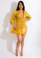 Sexy Long Sleeve Buttons Ruched Slim Mini Dress FNN-8647