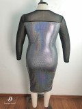 Plus Size Sexy Mesh See Through Long Sleeve Midi Dress OSM-7009