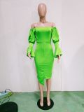Sexy Solid Off Shoulder Lantern Sleeve Midi Dress BN-9309