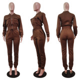 Solid Fleece Zipper Long Sleeve 2 Piece Sets WY-6871