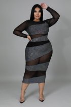 Plus Size Sexy Mesh See Through Long Sleeve Midi Dress OSM-7009