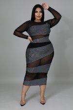 Plus Size Sexy Mesh See Through Long Sleeve Midi Dress OSM-7009