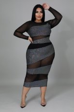 Plus Size Sexy Mesh See Through Long Sleeve Midi Dress OSM-7009