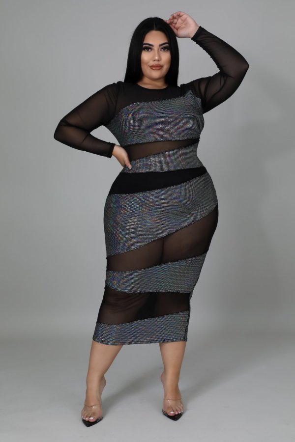 Plus Size Sexy Mesh See Through Long Sleeve Midi Dress OSM-7009