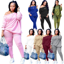 Plus Size Solid Long Sleeve Slashe Neck 2 Piece Sets BLX-8231-1