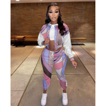 Casual Printed Fleece Baseball Jacket And Pants Set IV-8270