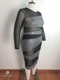 Plus Size Sexy Mesh See Through Long Sleeve Midi Dress OSM-7009
