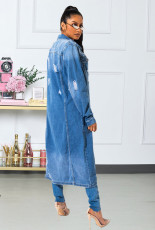 Plus Size Denim Ripped Hole Full Sleeve Long Coat LX-8083