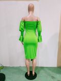 Sexy Solid Off Shoulder Lantern Sleeve Midi Dress BN-9309