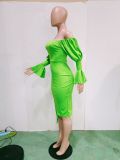 Sexy Solid Off Shoulder Lantern Sleeve Midi Dress BN-9309