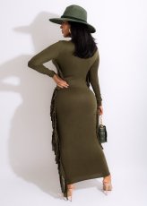Plus Size Solid Tassel Long Sleeve Maxi Dress HNIF-066