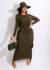 Plus Size Solid Tassel Long Sleeve Maxi Dress HNIF-066