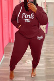 Plus Size Pink Letter Fleece Hooded 2 Piece Pants Set WAF-77360P330