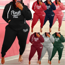 Plus Size Pink Letter Fleece Hooded 2 Piece Pants Set WAF-77360P330