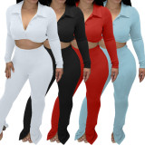Solid Long Sleeve Crop Top Split Pants 2 Piece Sets BGN-217