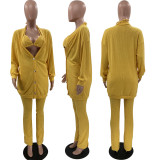 Solid Ribbed Knit Bra Top+Cloak Coat+Split Pants 3 Piece Sets MOF-6659