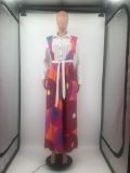 Plus Size Printed Long Sleeve Big Swing Sashes Maxi Dress DMF-8184