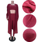 Knitted Long Cloak+Tank Top+Pants 3 Piece Sets MDF-5274
