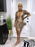Snake Skin Print Deep V Neck Long Sleeve Bodycon Dress HMS-5522