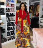 Plus Size Printed Long Sleeve Big Swing Sashes Maxi Dress DMF-8184