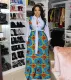 Plus Size Printed Long Sleeve Big Swing Sashes Maxi Dress DMF-8184