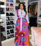 Plus Size Printed Long Sleeve Big Swing Sashes Maxi Dress DMF-8184