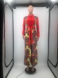 Plus Size Printed Long Sleeve Big Swing Sashes Maxi Dress DMF-8184