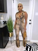 Snake Skin Print Deep V Sleeveless Sexy Jumpsuit HMS-5524