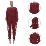Solid Knitted Tassel Long Sleeve Sweater Pants Sets TR-1186