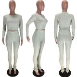 Solid Long Sleeve Slim Two Piece Pants Set LM-8297