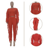 Solid Knitted Tassel Long Sleeve Sweater Pants Sets TR-1186