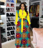 Plus Size Printed Long Sleeve Big Swing Sashes Maxi Dress DMF-8184