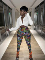 Sexy Long Sleeve Top+Printed Pants Two Piece Sets FENF-197