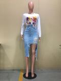 Plus Size Denim Ripped Hole High Waist Irregular Midi Skirt OD-8467