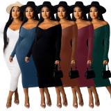 Solid Ribbed Long Sleeve Slim Midi Dress XMY-9339