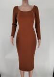 Solid Ribbed Long Sleeve Slim Midi Dress XMY-9339