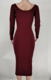 Solid Ribbed Long Sleeve Slim Midi Dress XMY-9339