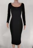 Solid Ribbed Long Sleeve Slim Midi Dress XMY-9339
