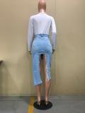 Plus Size Denim Ripped Hole High Waist Irregular Midi Skirt OD-8467