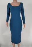 Solid Ribbed Long Sleeve Slim Midi Dress XMY-9339