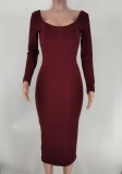 Solid Ribbed Long Sleeve Slim Midi Dress XMY-9339
