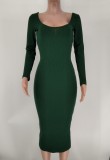 Solid Ribbed Long Sleeve Slim Midi Dress XMY-9339
