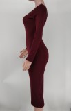 Solid Ribbed Long Sleeve Slim Midi Dress XMY-9339