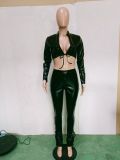 PU Leather Long Sleeve Sexy 2 Piece Pants Set BN-9311