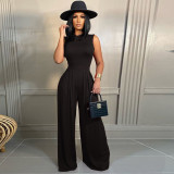 Solid Sleeveless Bodysuit Wide Leg Pants Two Piece Sets FSXF-F328