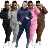 Plus Size Fleece Solid Hooded Two Piece Sets YS-8839
