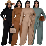 Plus Size Solid Long Sleeve Two Piece Pants Set ASL-7058