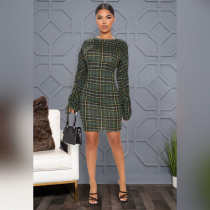 Plaid Ruched Sleeve Slim Mini Dress ASL-6528